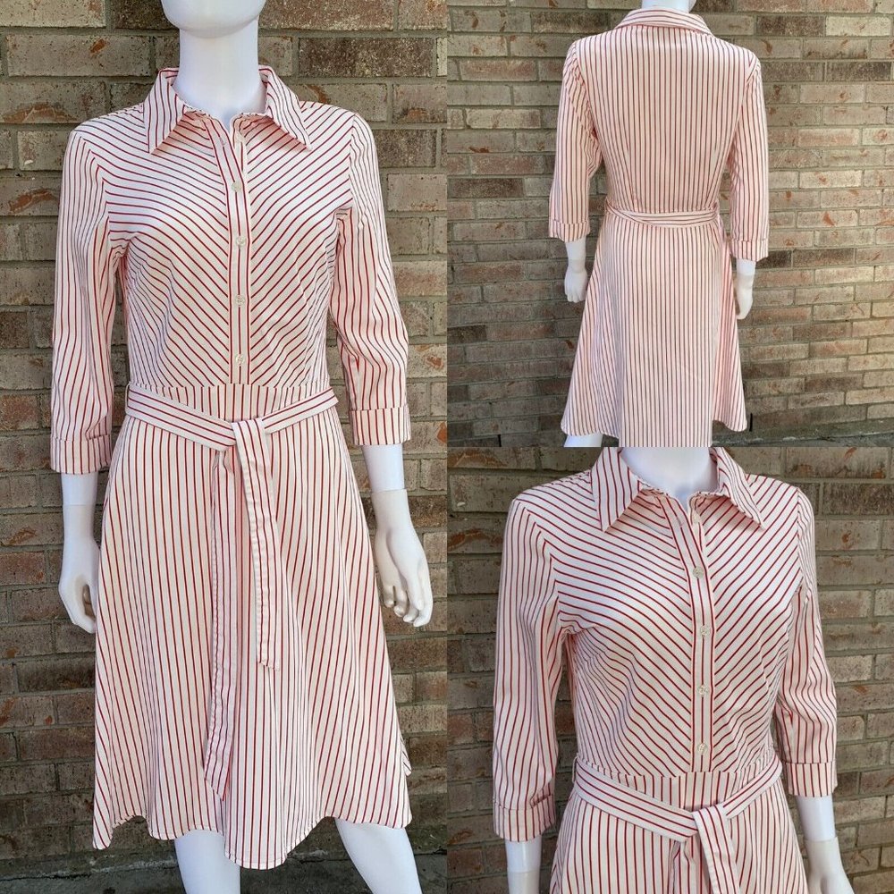 Cremiux Modest Womens Shirt Dress Red Stripe Tie Side Zip Button 32 Waist Sz. 4